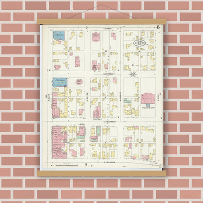 Old map wall art mockup — magnetic wood frame on brick wall — Sanborn Fire Insurance Map from Kenton, Hardin County, Ohio (1897), Sheet #0006