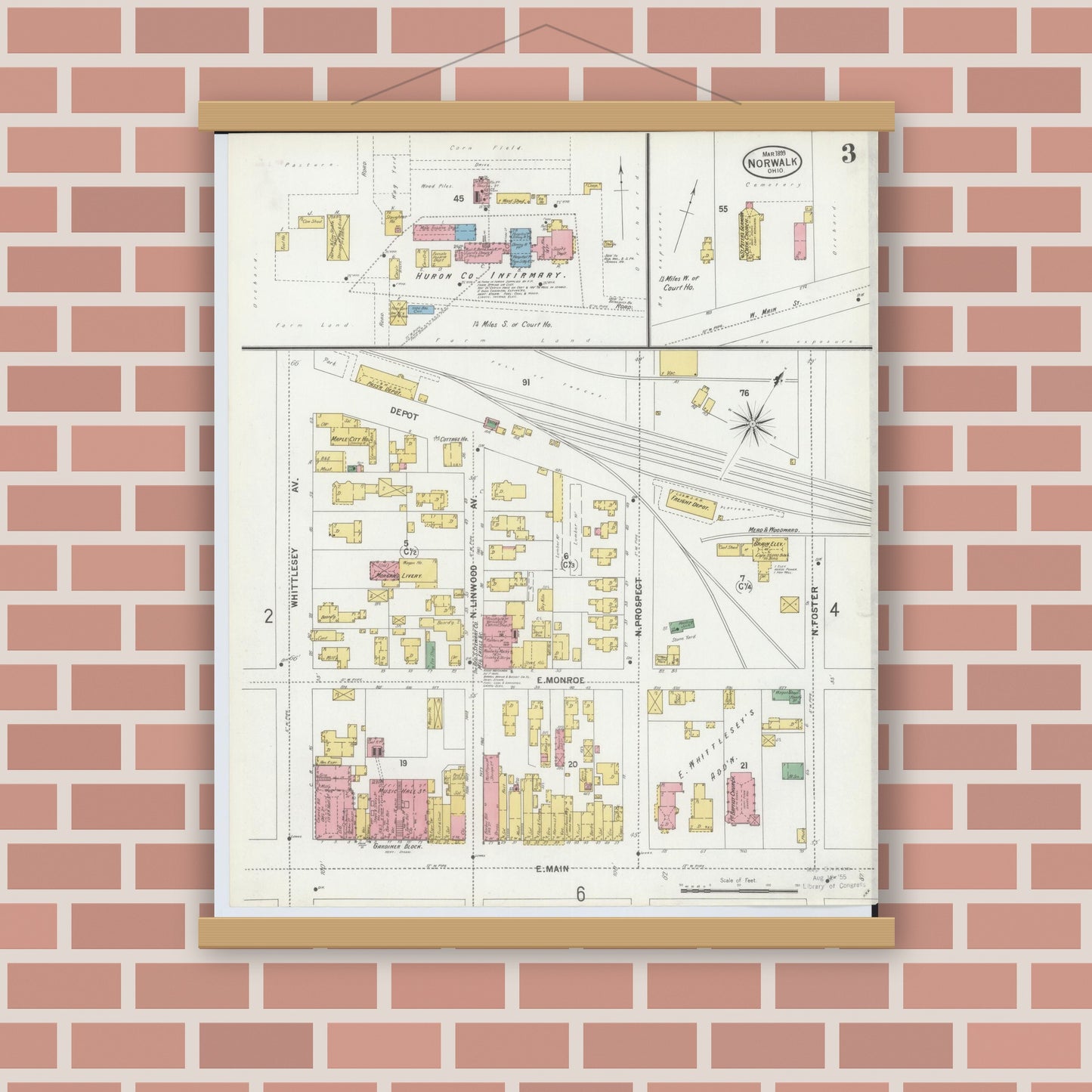 Old map wall art mockup — magnetic wood frame on brick wall — Sanborn Fire Insurance Map from Norwalk, Huron County, Ohio (1899), Sheet #0003