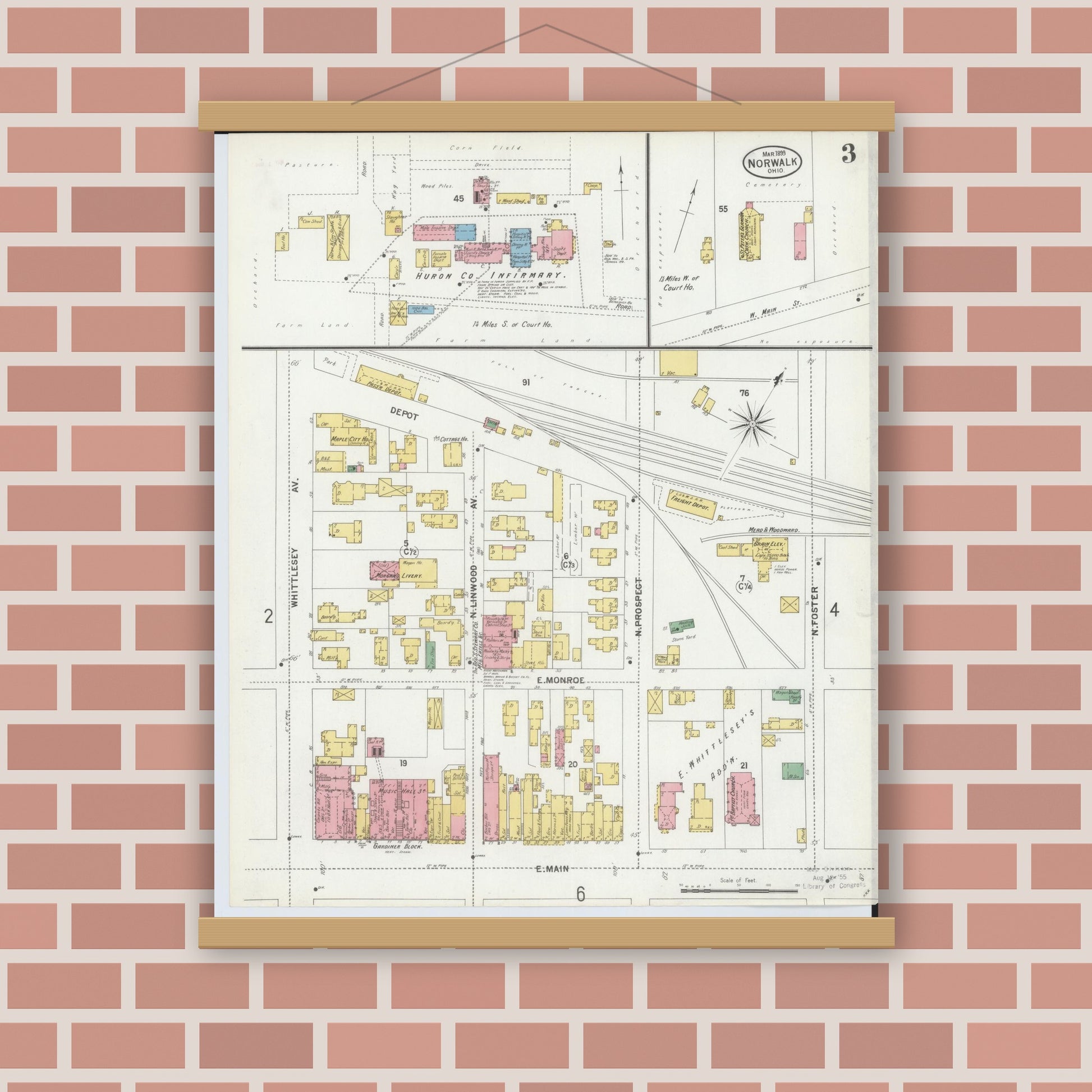 Old map wall art mockup — magnetic wood frame on brick wall — Sanborn Fire Insurance Map from Norwalk, Huron County, Ohio (1899), Sheet #0003