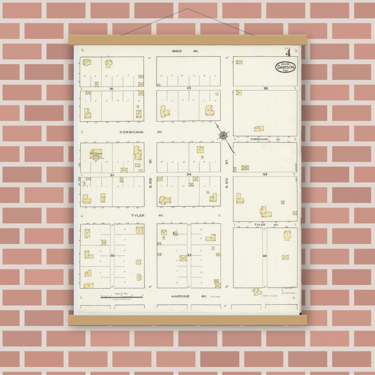 Old map wall art mockup — magnetic wood frame on brick wall — Sanborn Fire Insurance Map from Dawson, Navarro County, Texas (1921), Sheet #0004