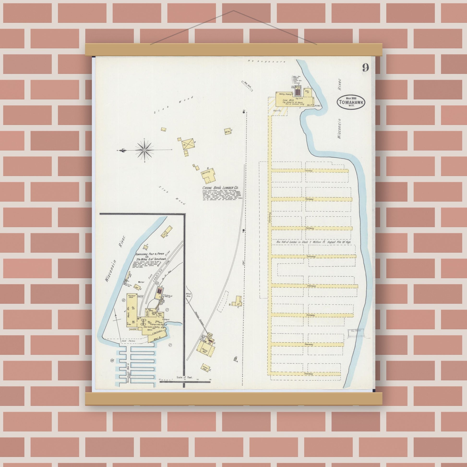 Old map wall art mockup — magnetic wood frame on brick wall — Sanborn Fire Insurance Map from Tomahawk, Lincoln County, Wisconsin (1898), Sheet #0009