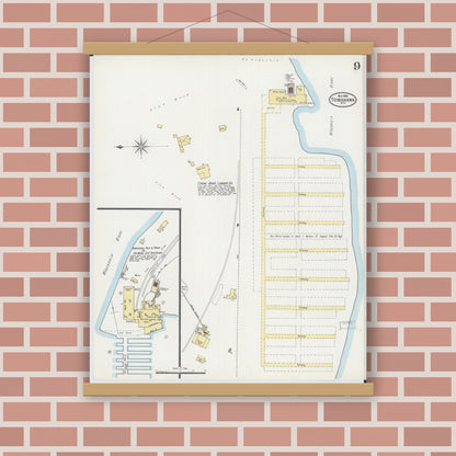 Old map wall art mockup — magnetic wood frame on brick wall — Sanborn Fire Insurance Map from Tomahawk, Lincoln County, Wisconsin (1898), Sheet #0009