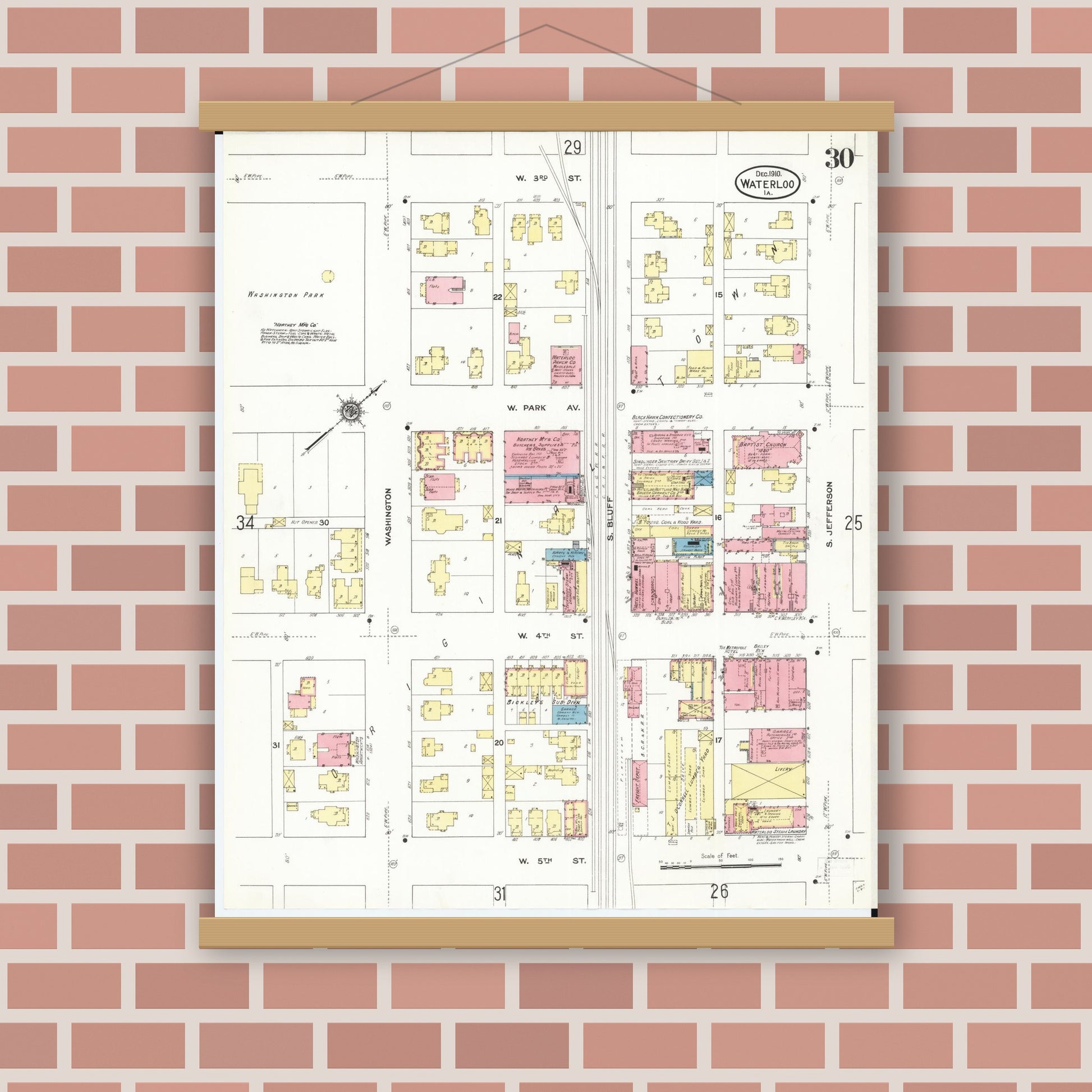 Old map wall art mockup — magnetic wood frame on brick wall — Sanborn Fire Insurance Map from Waterloo, Black Hawk County, Iowa (1910), Sheet #0030