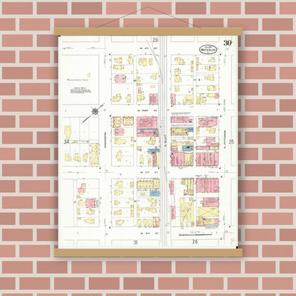 Old map wall art mockup — magnetic wood frame on brick wall — Sanborn Fire Insurance Map from Waterloo, Black Hawk County, Iowa (1910), Sheet #0030