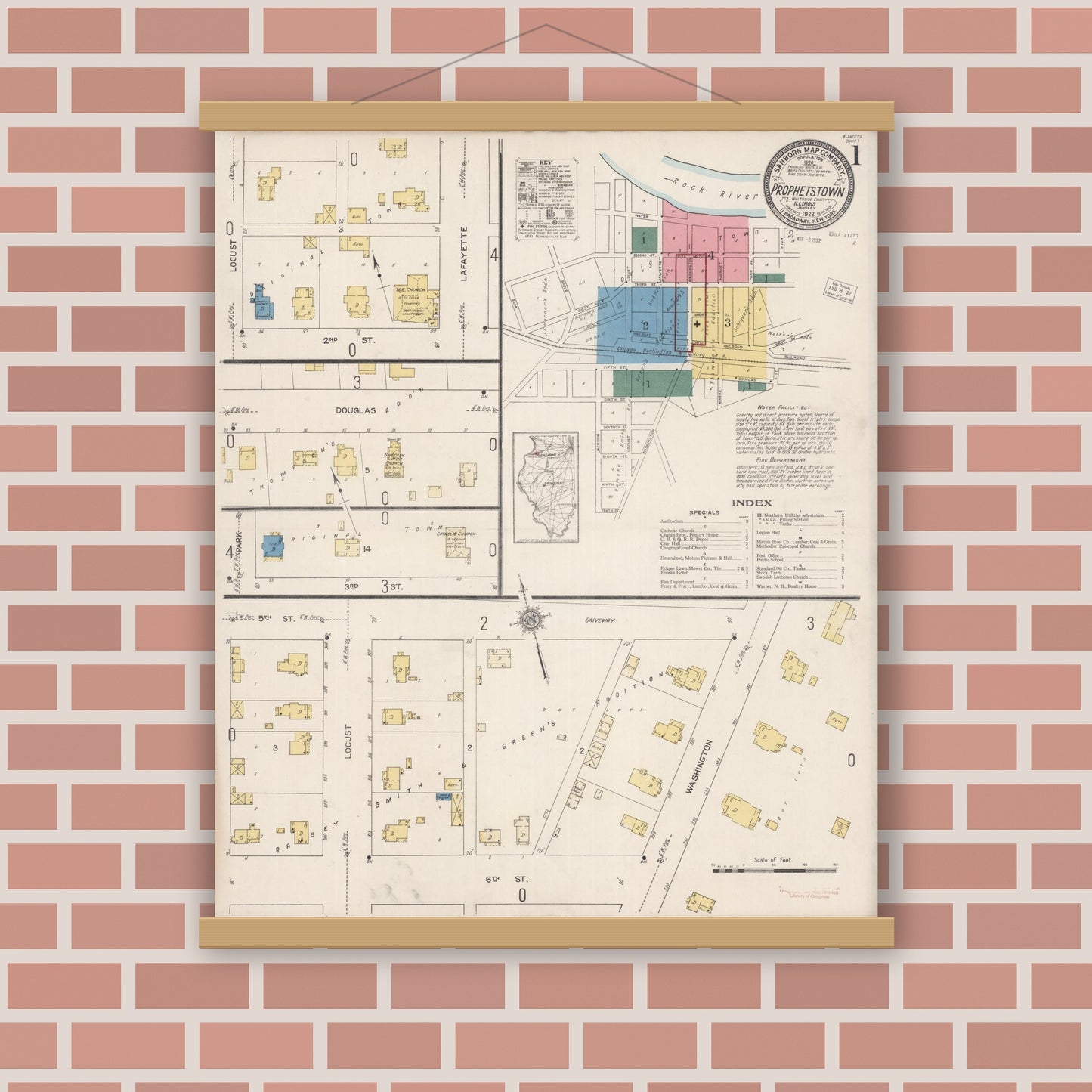 Old map wall art mockup — magnetic wood frame on brick wall — Sanborn Fire Insurance Map from Prophetstown, Whiteside County, Illinois (1922) - Complete Map Set