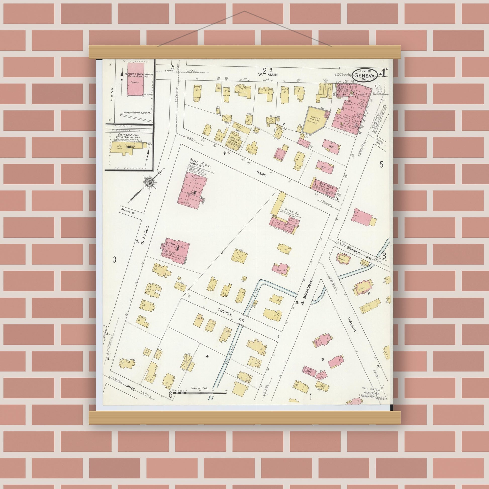 Old map wall art mockup — magnetic wood frame on brick wall — Sanborn Fire Insurance Map from Geneva, Ashtabula County, Ohio (1911), Sheet #0004