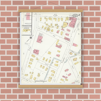 Old map wall art mockup — magnetic wood frame on brick wall — Sanborn Fire Insurance Map from Geneva, Ashtabula County, Ohio (1911), Sheet #0004