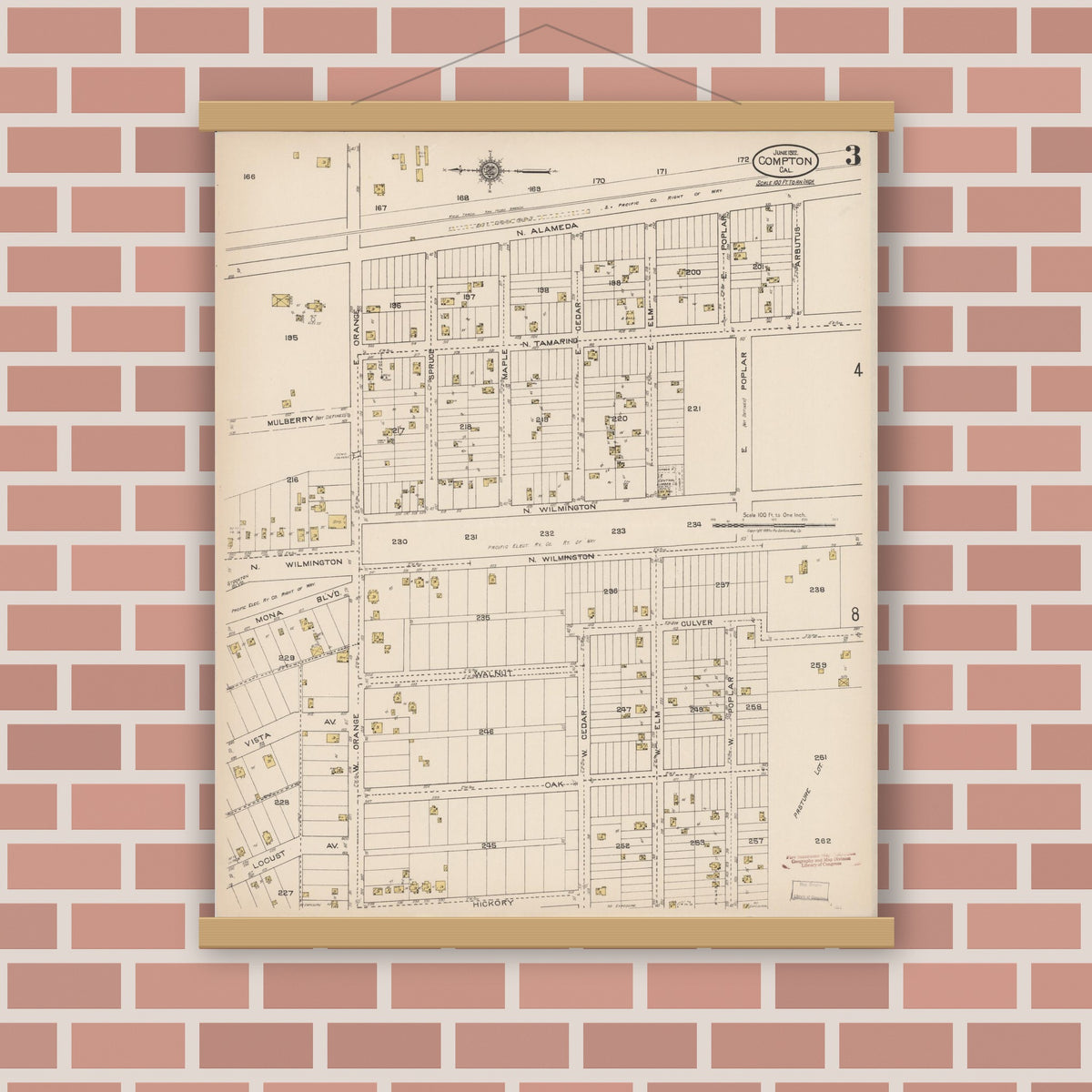 Old map wall art mockup — magnetic wood frame on brick wall — Sanborn Fire Insurance Map from Compton, Los Angeles County, California (1922), Sheet #0003