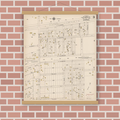 Old map wall art mockup — magnetic wood frame on brick wall — Sanborn Fire Insurance Map from Compton, Los Angeles County, California (1922), Sheet #0003