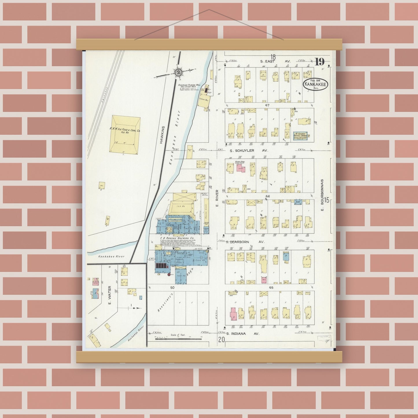 Old map wall art mockup — magnetic wood frame on brick wall — Sanborn Fire Insurance Map from Kankakee, Kankakee County, Illinois (1914), Sheet #0019