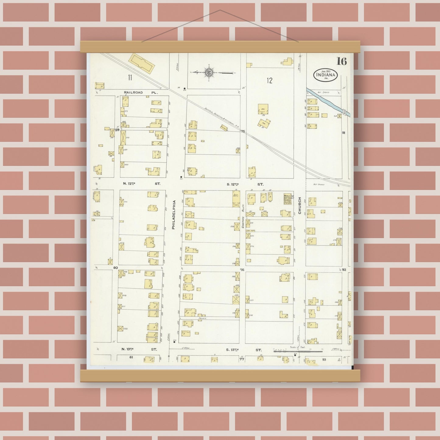 Old map wall art mockup — magnetic wood frame on brick wall — Sanborn Fire Insurance Map from Indiana, Indiana County, Pennsylvania (1910), Sheet #0016