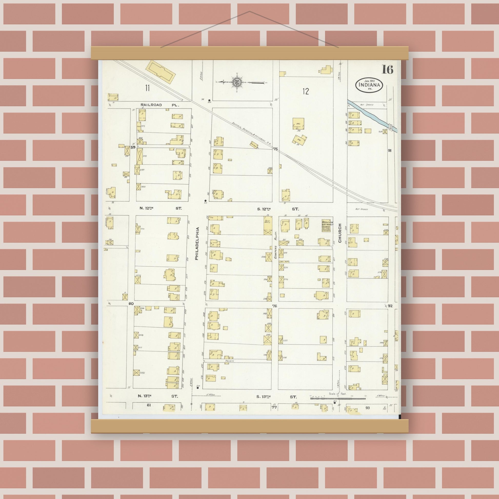 Old map wall art mockup — magnetic wood frame on brick wall — Sanborn Fire Insurance Map from Indiana, Indiana County, Pennsylvania (1910), Sheet #0016