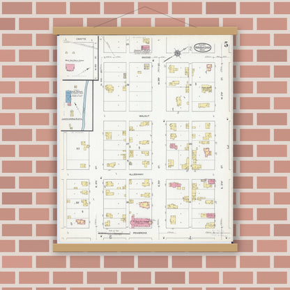 Old map wall art mockup — magnetic wood frame on brick wall — Sanborn Fire Insurance Map from Wabasha, Wabasha County, Minnesota (1917), Sheet #0005