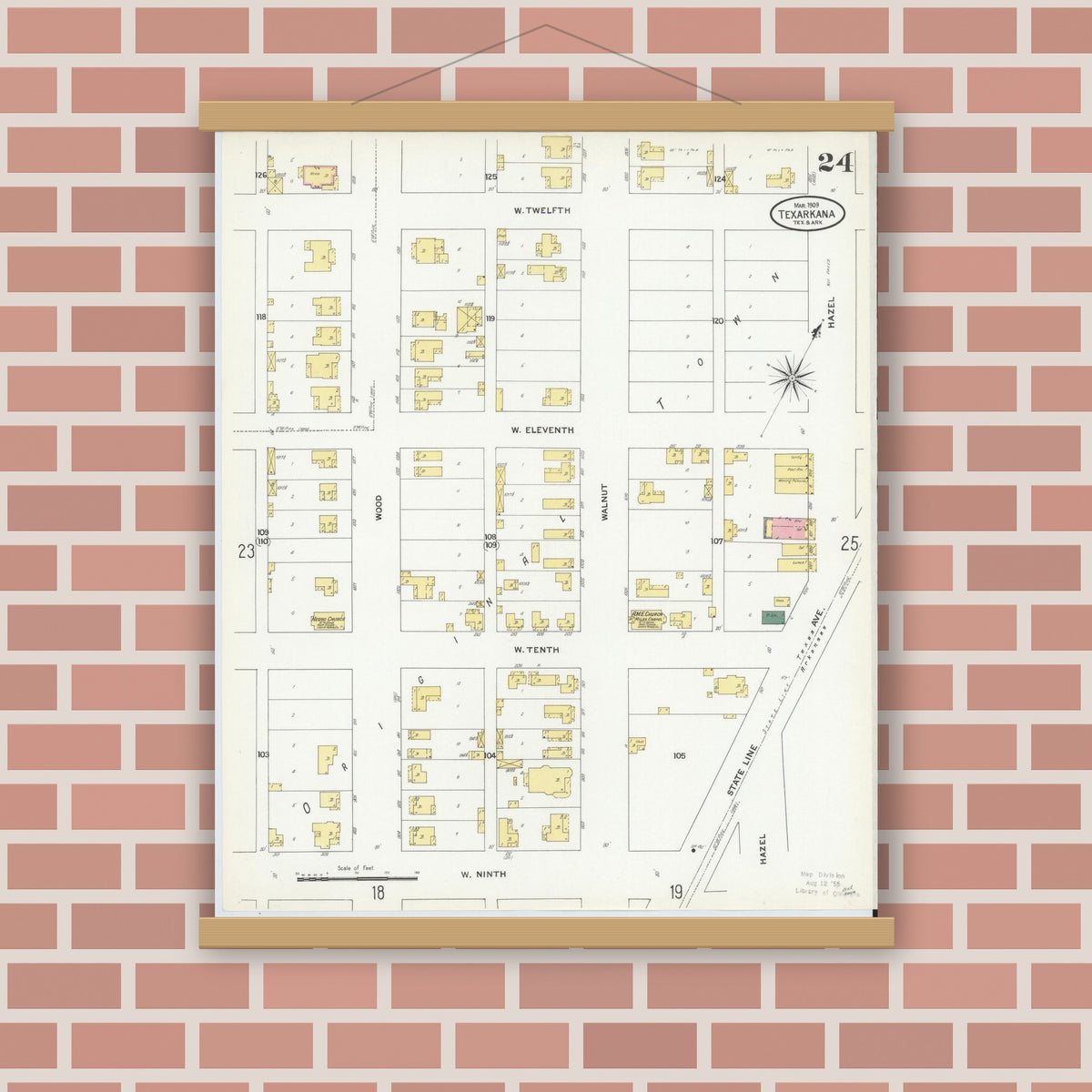 Old map wall art mockup — magnetic wood frame on brick wall — Sanborn Fire Insurance Map from Texarkana, Bowie County, Texas (1909), Sheet #0024