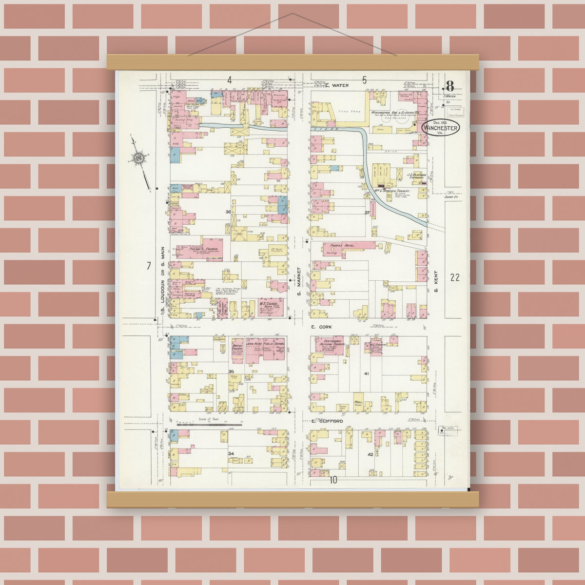 Old map wall art mockup — magnetic wood frame on brick wall — Sanborn Fire Insurance Map from Winchester, Independent Cities, Virginia (1912), Sheet #0008