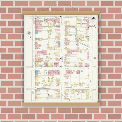 Old map wall art mockup — magnetic wood frame on brick wall — Sanborn Fire Insurance Map from Winchester, Independent Cities, Virginia (1912), Sheet #0008