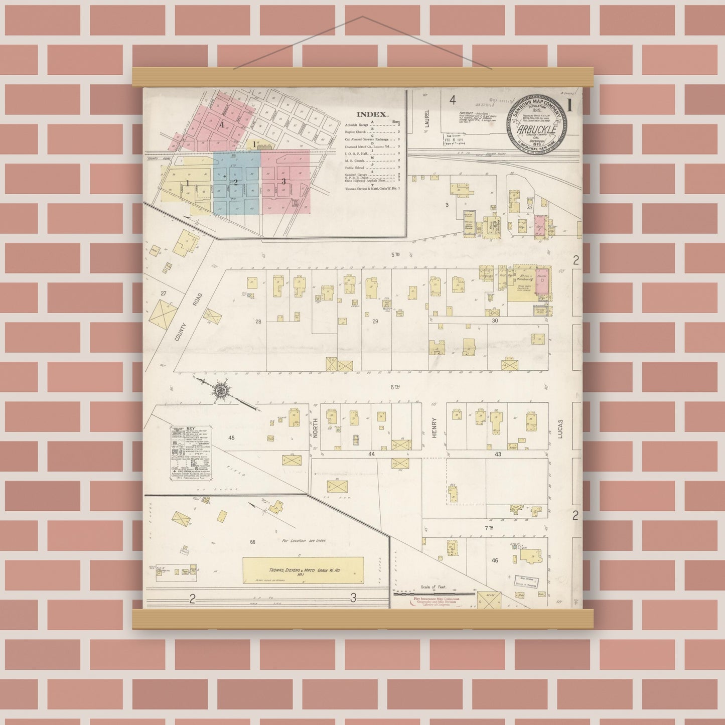 Old map wall art mockup — magnetic wood frame on brick wall — Sanborn Fire Insurance Map from Arbuckle, Colusa County, California (1918), Sheet #0001