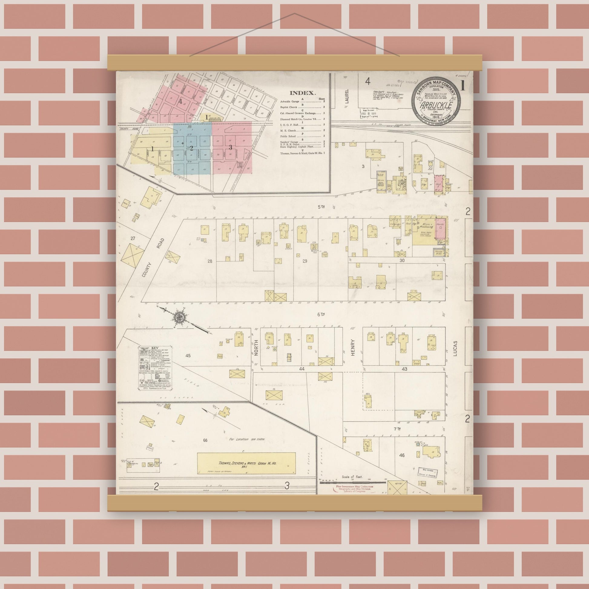 Old map wall art mockup — magnetic wood frame on brick wall — Sanborn Fire Insurance Map from Arbuckle, Colusa County, California (1918), Sheet #0001