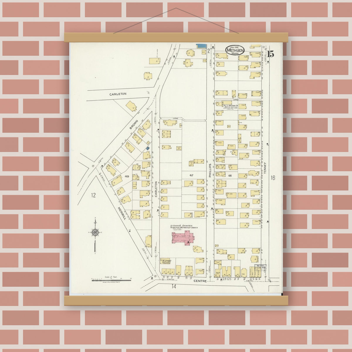 Old map wall art mockup — magnetic wood frame on brick wall — Sanborn Fire Insurance Map from Methuen, Essex County, Massachusetts (1919), Sheet #0015