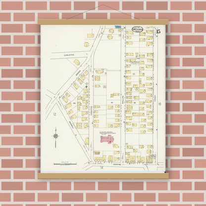 Old map wall art mockup — magnetic wood frame on brick wall — Sanborn Fire Insurance Map from Methuen, Essex County, Massachusetts (1919), Sheet #0015