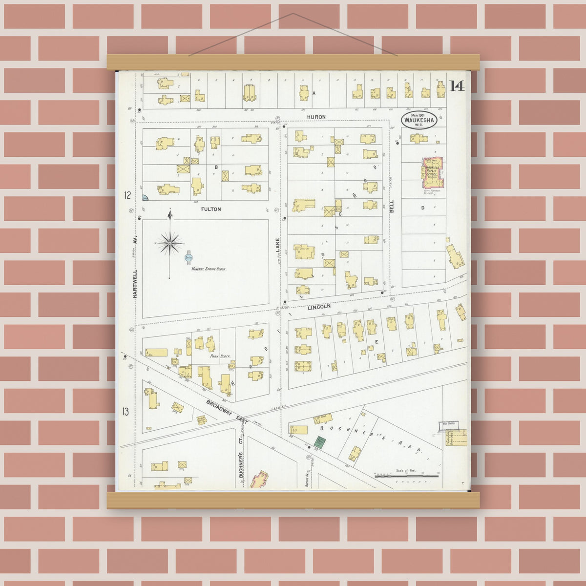 Old map wall art mockup — magnetic wood frame on brick wall — Sanborn Fire Insurance Map from Waukesha, Waukesha County, Wisconsin (1901), Sheet #0014