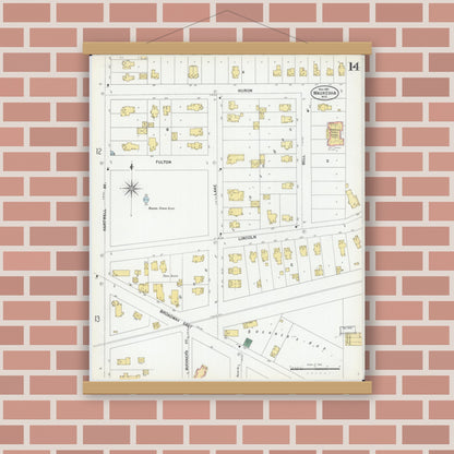 Old map wall art mockup — magnetic wood frame on brick wall — Sanborn Fire Insurance Map from Waukesha, Waukesha County, Wisconsin (1901), Sheet #0014