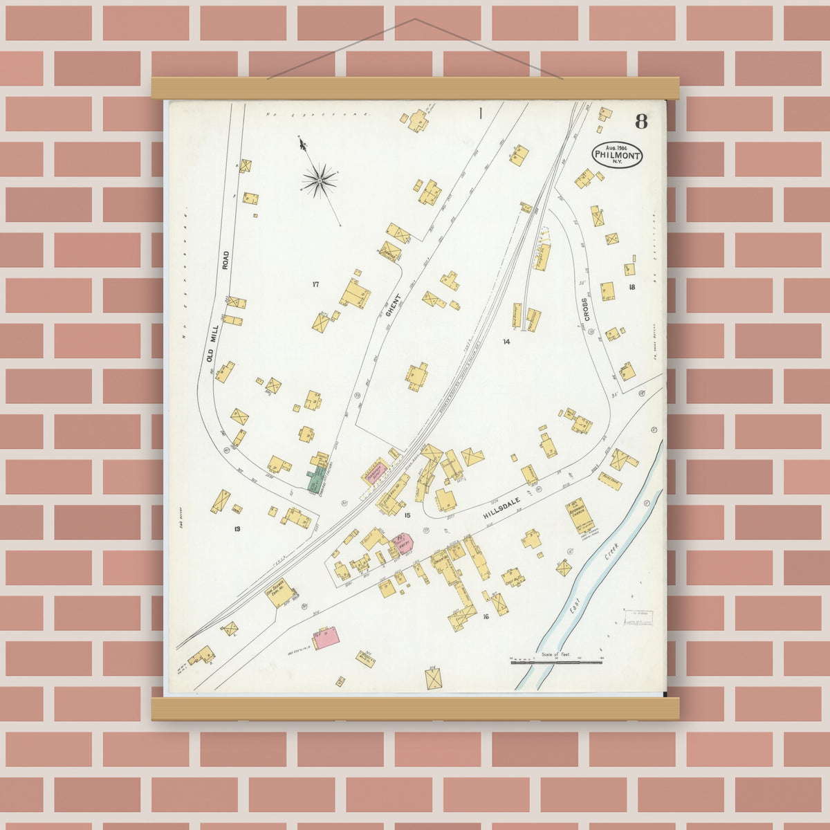 Old map wall art mockup — magnetic wood frame on brick wall — Sanborn Fire Insurance Map from Philmont, Columbia County, New York (1904), Sheet #0008