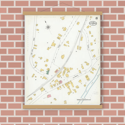 Old map wall art mockup — magnetic wood frame on brick wall — Sanborn Fire Insurance Map from Philmont, Columbia County, New York (1904), Sheet #0008