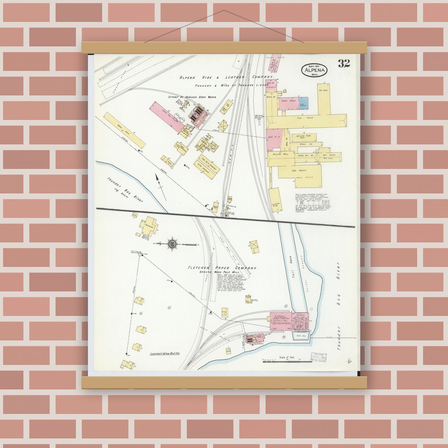 Old map wall art mockup — magnetic wood frame on brick wall — Sanborn Fire Insurance Map from Alpena, Alpena County, Michigan (1910), Sheet #0032