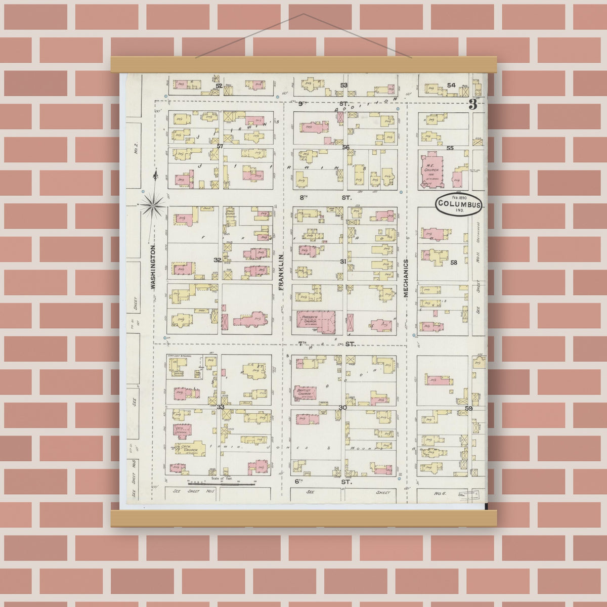 Old map wall art mockup — magnetic wood frame on brick wall — Sanborn Fire Insurance Map from Columbus, Bartholomew County, Indiana (1890), Sheet #0003