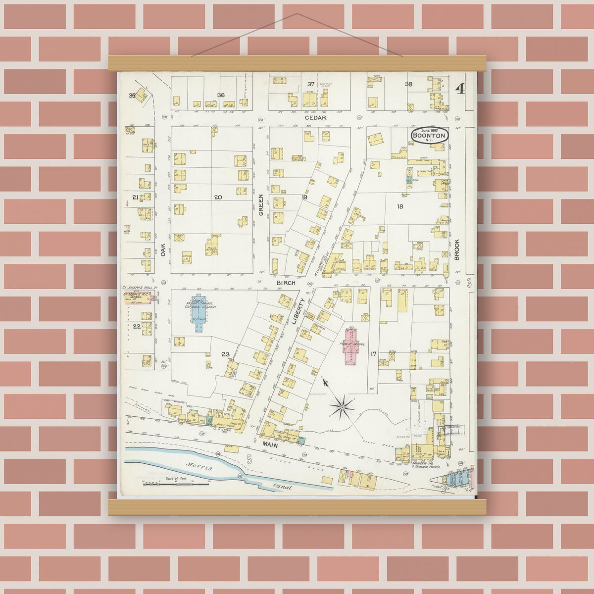 Old map wall art mockup — magnetic wood frame on brick wall — Sanborn Fire Insurance Map from Boonton, Morris County, New Jersey (1892), Sheet #0004