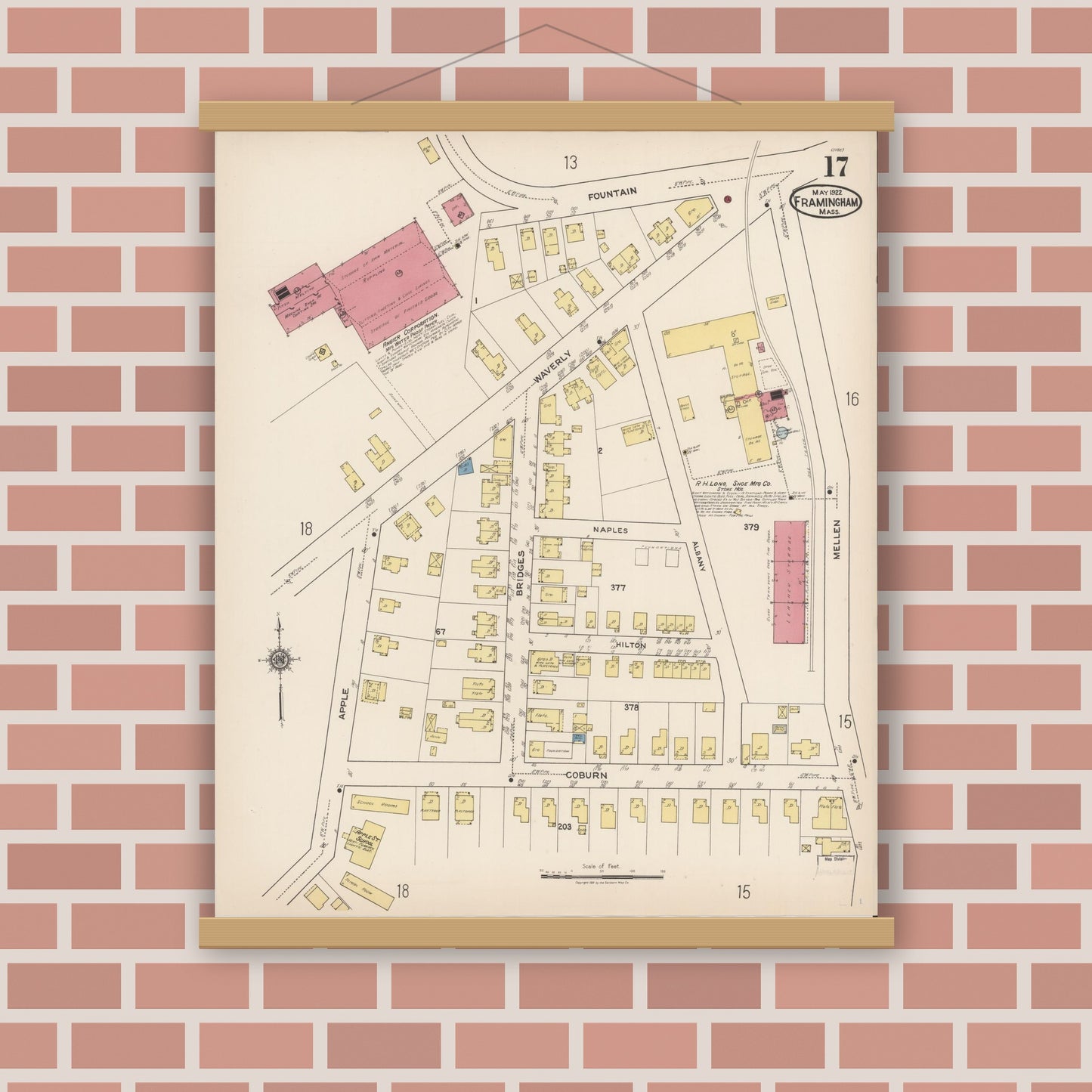 Old map wall art mockup — magnetic wood frame on brick wall — Sanborn Fire Insurance Map from Framingham, Middlesex County, Massachusetts (1922), Sheet #0017