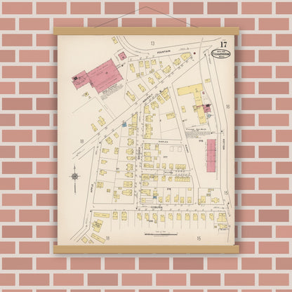 Old map wall art mockup — magnetic wood frame on brick wall — Sanborn Fire Insurance Map from Framingham, Middlesex County, Massachusetts (1922), Sheet #0017