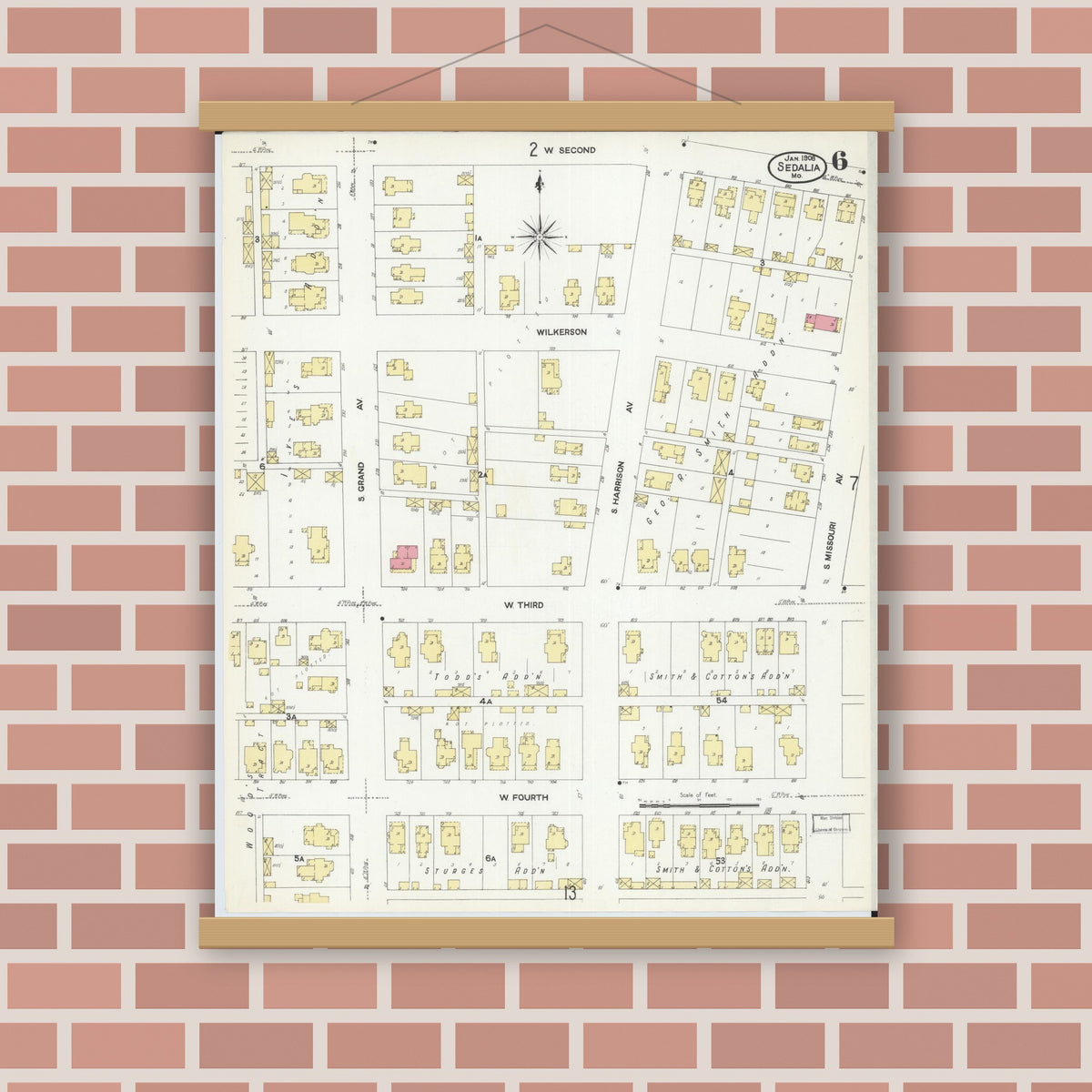 Old map wall art mockup — magnetic wood frame on brick wall — Sanborn Fire Insurance Map from Sedalia, Pettis County, Missouri (1908), Sheet #0006