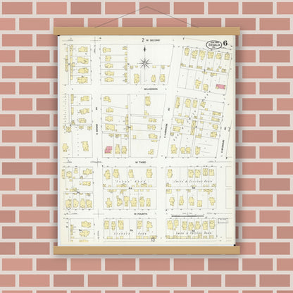 Old map wall art mockup — magnetic wood frame on brick wall — Sanborn Fire Insurance Map from Sedalia, Pettis County, Missouri (1908), Sheet #0006