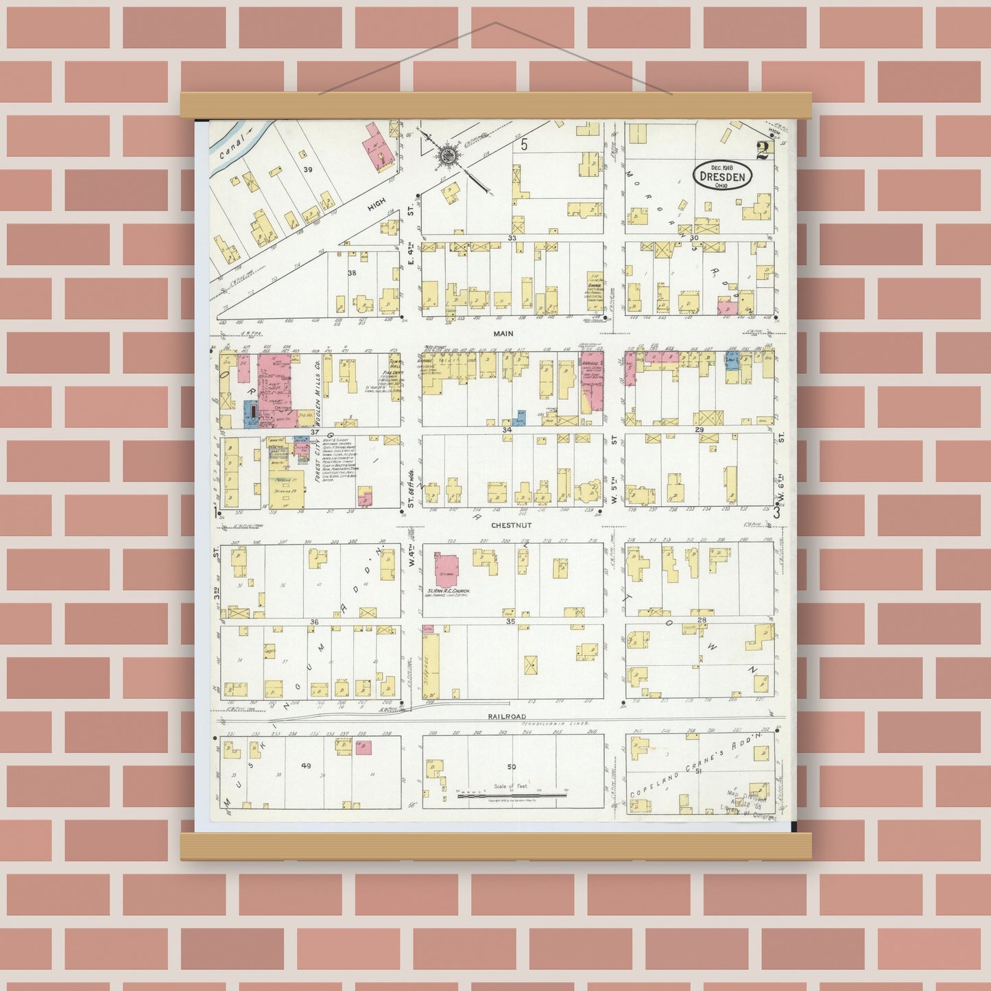 Old map wall art mockup — magnetic wood frame on brick wall — Sanborn Fire Insurance Map from Dresden, Muskingum County, Ohio (1918), Sheet #0002