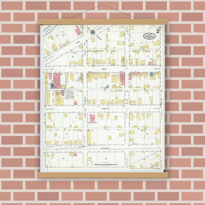 Old map wall art mockup — magnetic wood frame on brick wall — Sanborn Fire Insurance Map from Dresden, Muskingum County, Ohio (1918), Sheet #0002