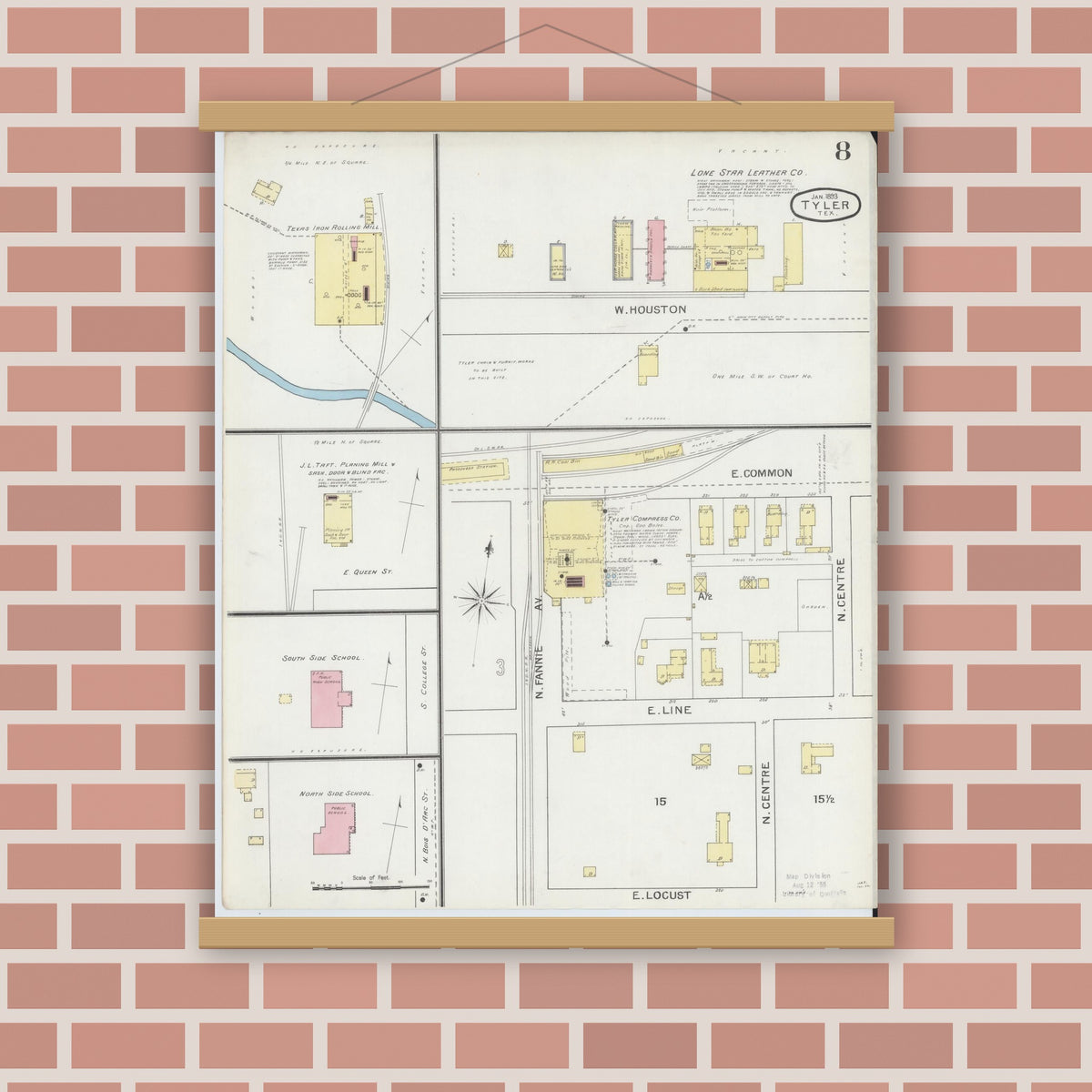Old map wall art mockup — magnetic wood frame on brick wall — Sanborn Fire Insurance Map from Tyler, Smith County, Texas (1893), Sheet #0008