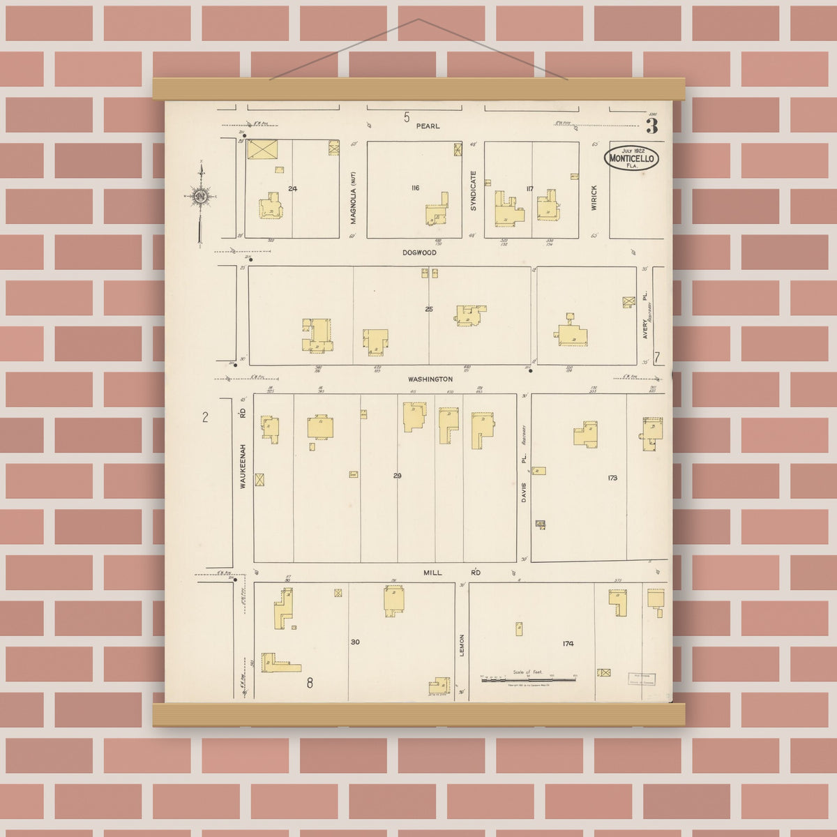 Old map wall art mockup — magnetic wood frame on brick wall — Sanborn Fire Insurance Map from Monticello, Jefferson County, Florida (1922), Sheet #0003