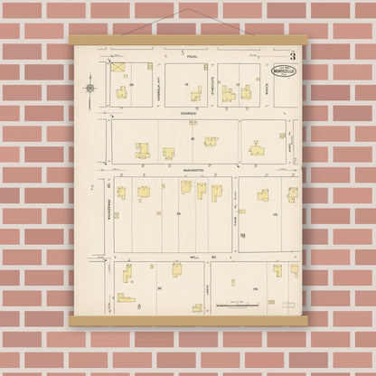 Old map wall art mockup — magnetic wood frame on brick wall — Sanborn Fire Insurance Map from Monticello, Jefferson County, Florida (1922), Sheet #0003