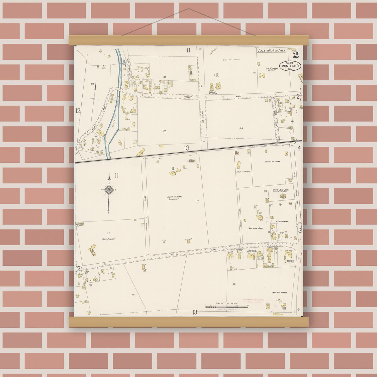 Old map wall art mockup — magnetic wood frame on brick wall — Sanborn Fire Insurance Map from Montecito, Santa Barbara County, California (1918), Sheet #0002