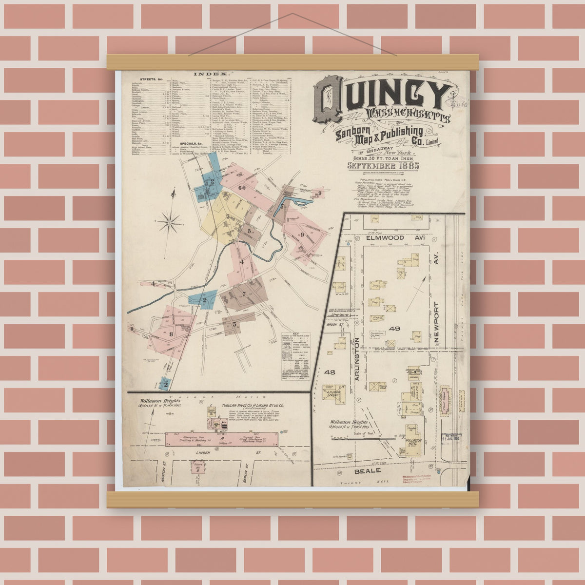 Old map wall art mockup — magnetic wood frame on brick wall — Sanborn Fire Insurance Map from Quincy, Norfolk County, Massachusetts (1885), Sheet #0001
