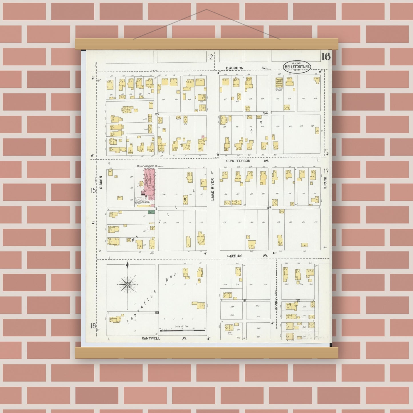 Old map wall art mockup — magnetic wood frame on brick wall — Sanborn Fire Insurance Map from Bellefontaine, Logan County, Ohio (1901), Sheet #0016