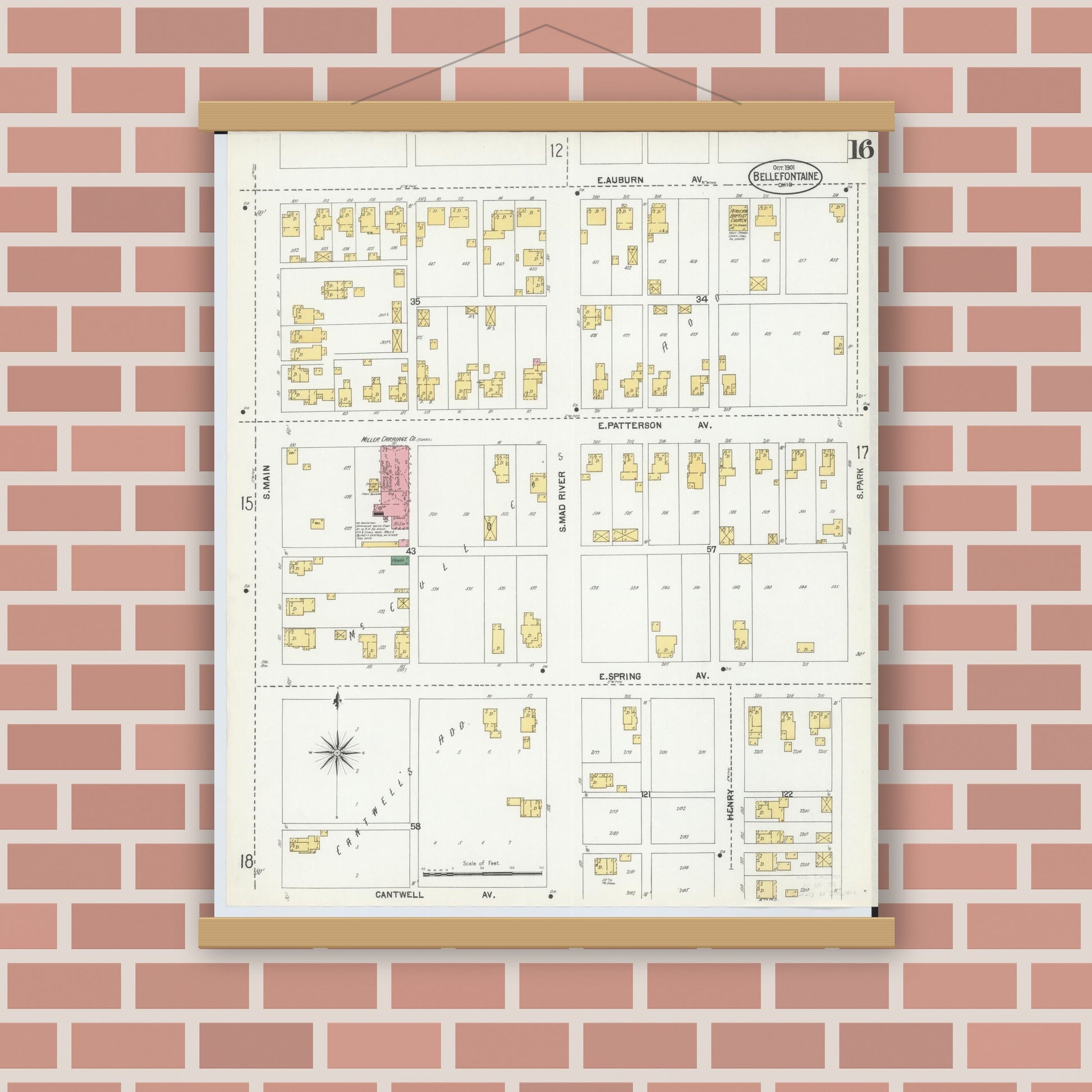 Old map wall art mockup — magnetic wood frame on brick wall — Sanborn Fire Insurance Map from Bellefontaine, Logan County, Ohio (1901), Sheet #0016