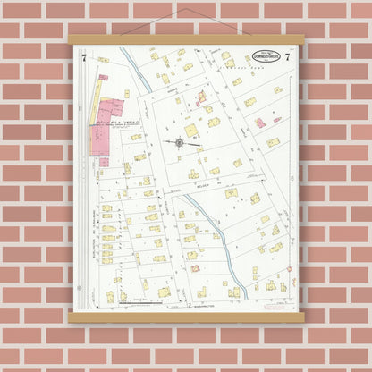 Old map wall art mockup — magnetic wood frame on brick wall — Sanborn Fire Insurance Map from Downers Grove, Dupage County, Illinois (1927), Sheet #0007