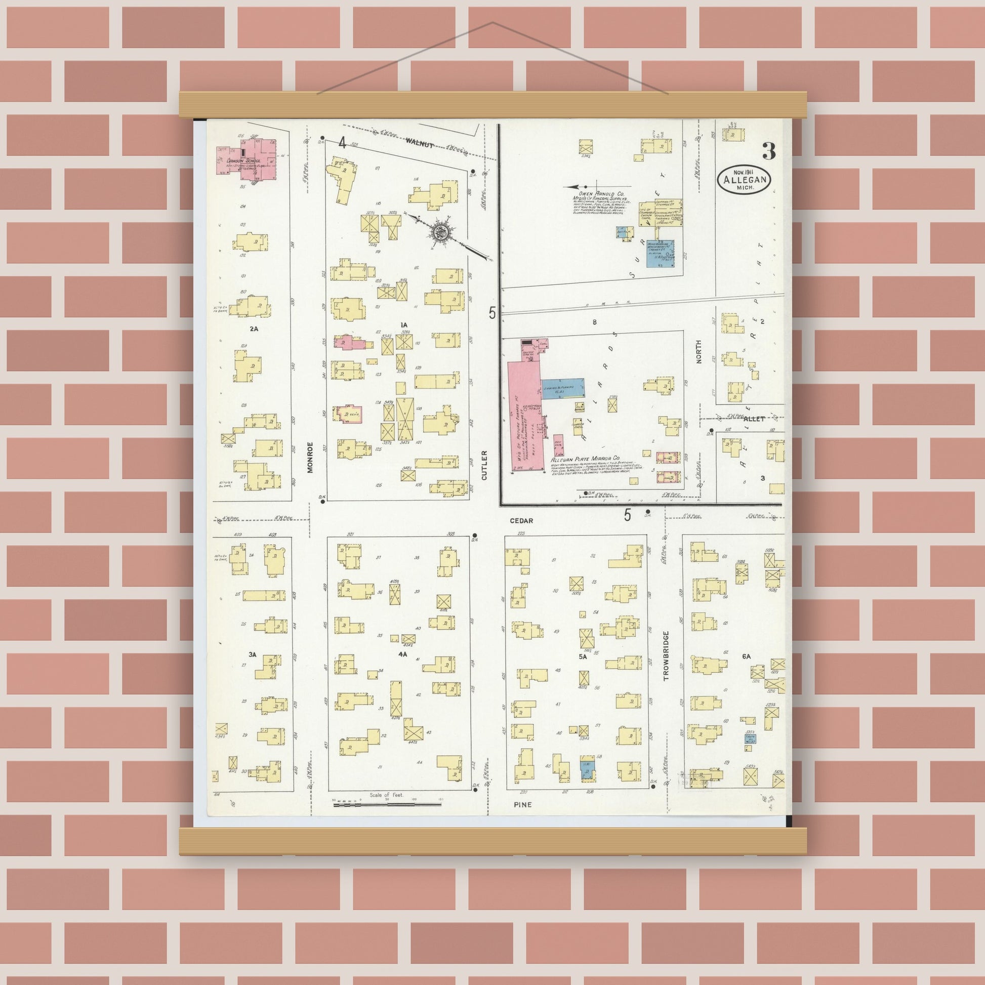 Old map wall art mockup — magnetic wood frame on brick wall — Sanborn Fire Insurance Map from Allegan, Allegan County, Michigan (1911), Sheet #0003