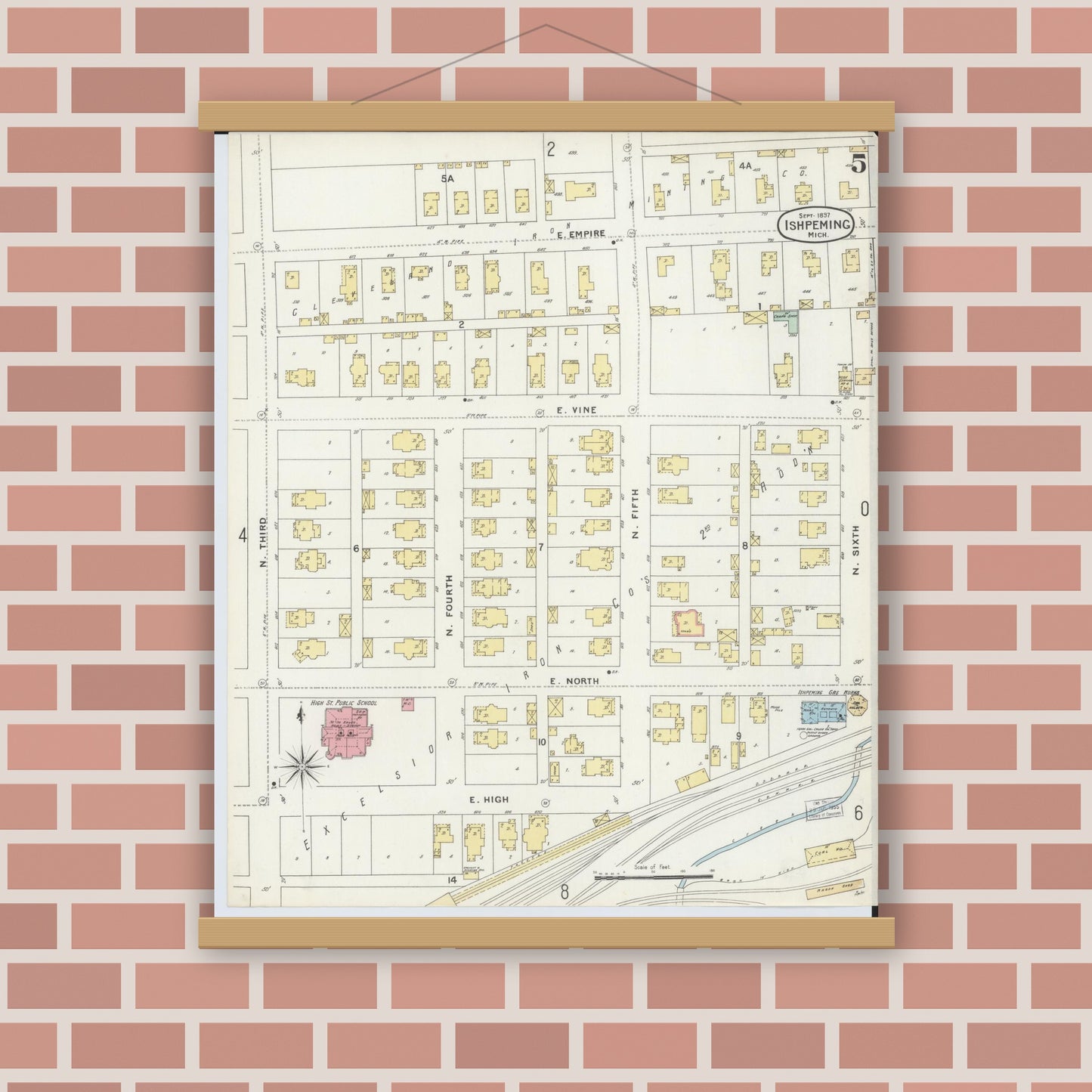 Old map wall art mockup — magnetic wood frame on brick wall — Sanborn Fire Insurance Map from Ishpeming, Marquette County, Michigan (1897), Sheet #0005