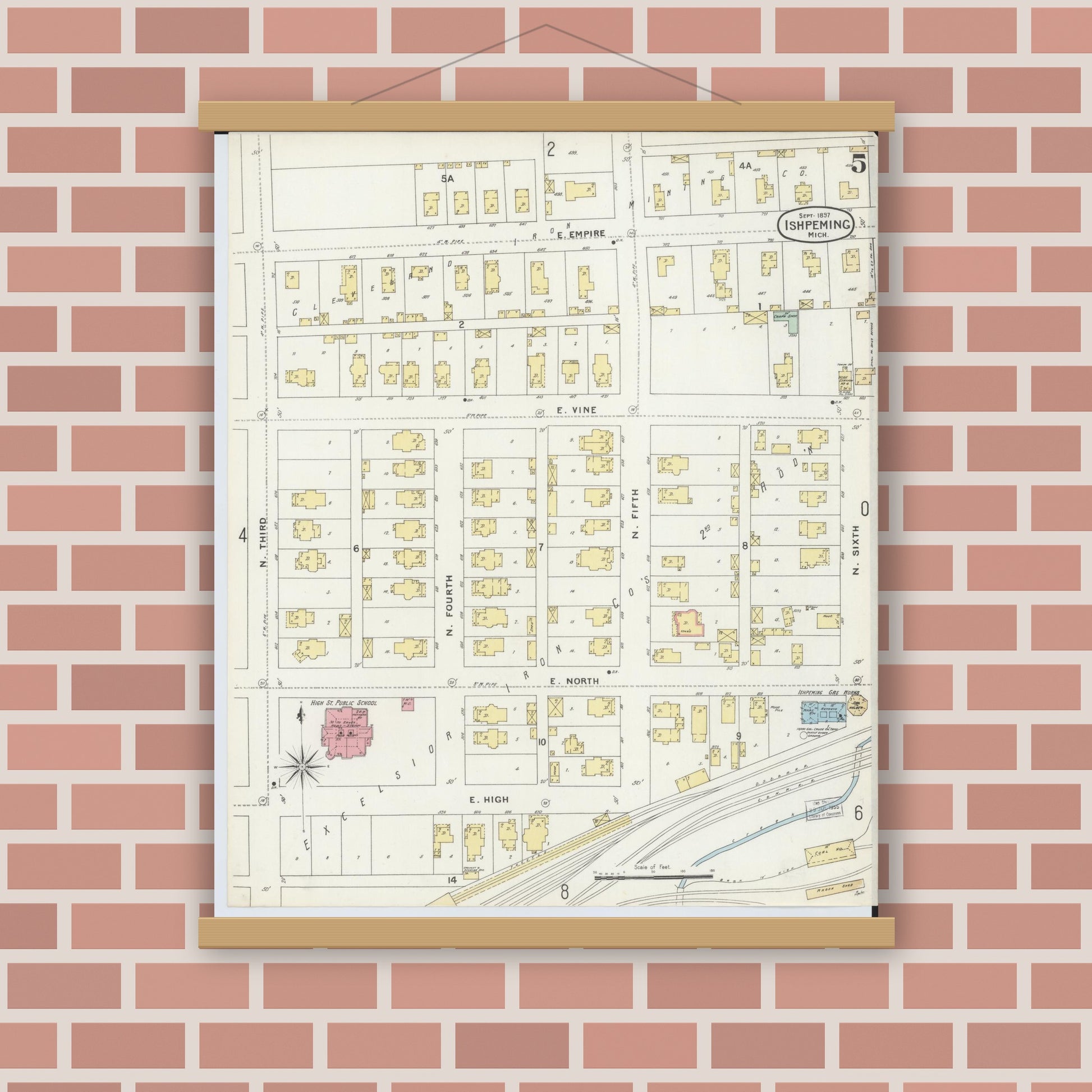 Old map wall art mockup — magnetic wood frame on brick wall — Sanborn Fire Insurance Map from Ishpeming, Marquette County, Michigan (1897), Sheet #0005