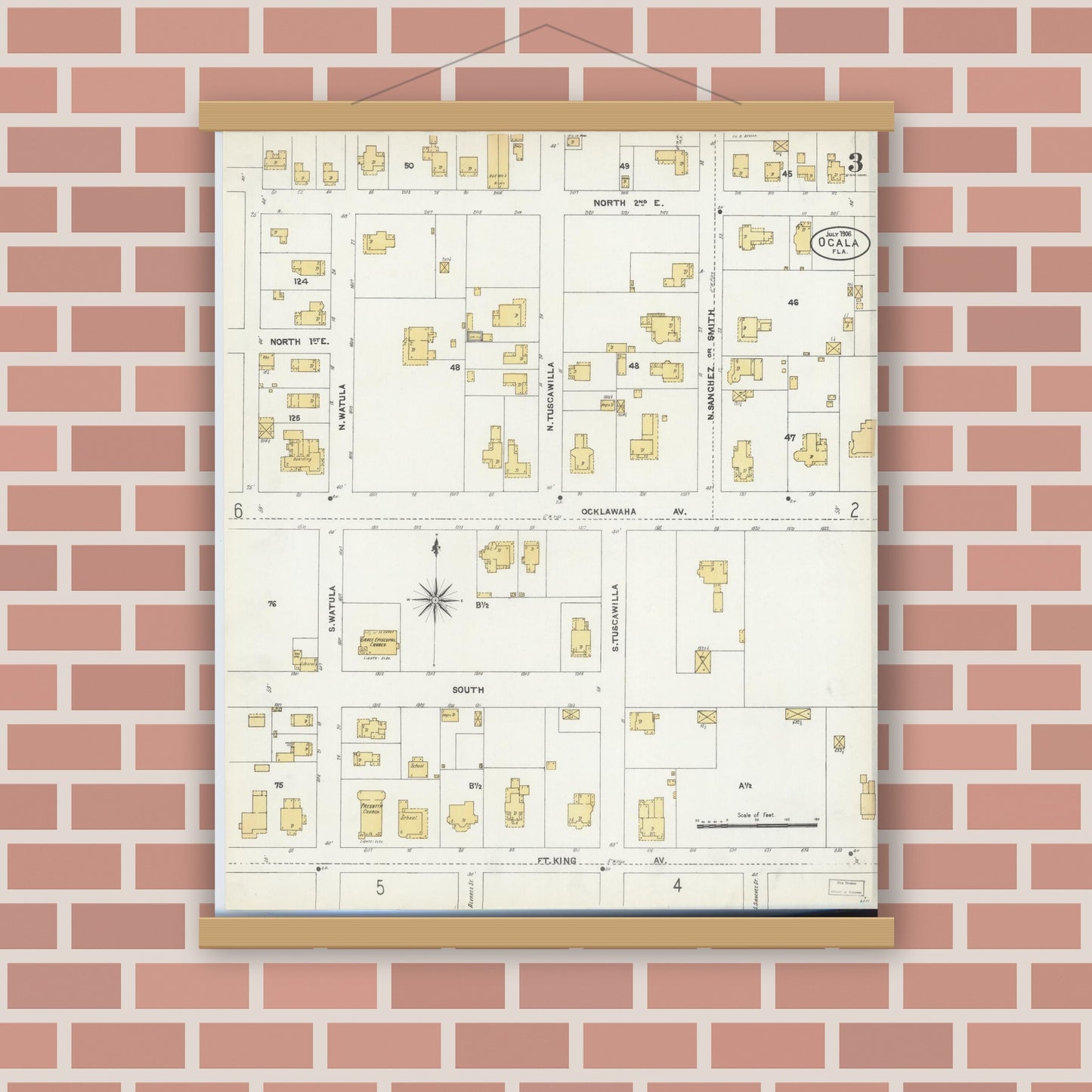 Old map wall art mockup — magnetic wood frame on brick wall — Sanborn Fire Insurance Map from Ocala, Marion County, Florida (1906), Sheet #0003