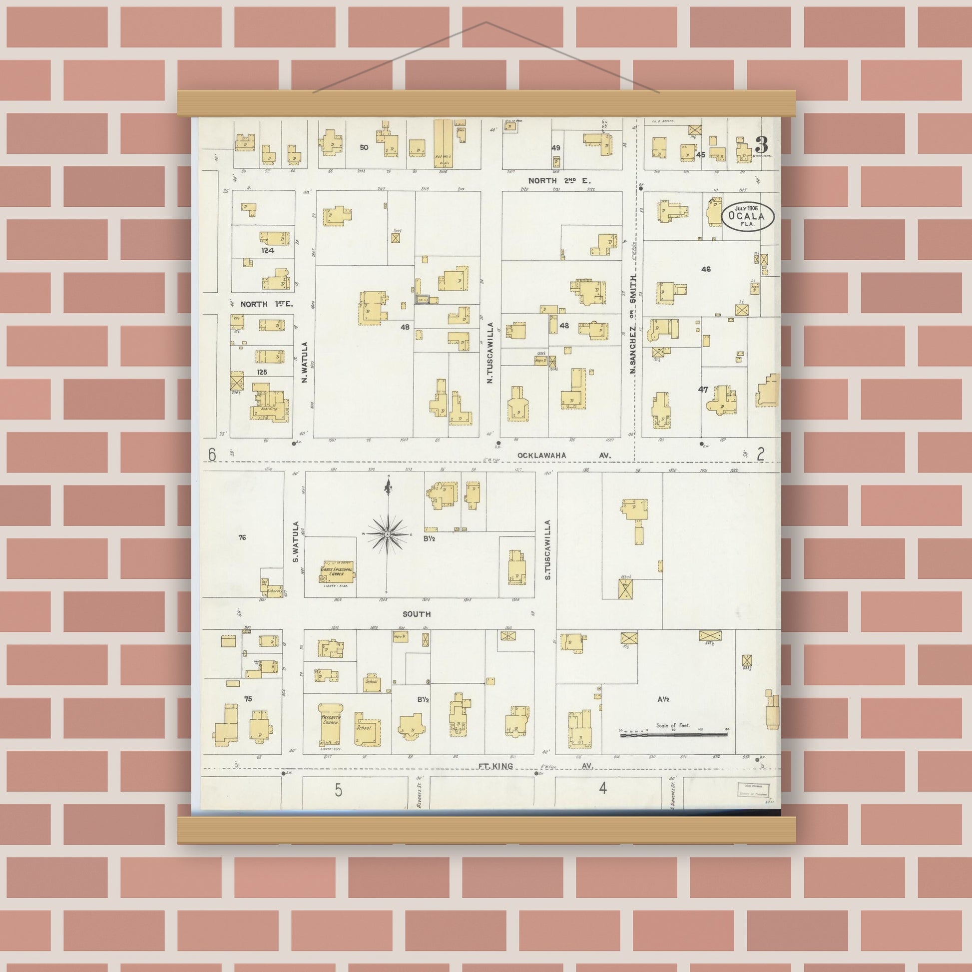 Old map wall art mockup — magnetic wood frame on brick wall — Sanborn Fire Insurance Map from Ocala, Marion County, Florida (1906), Sheet #0003